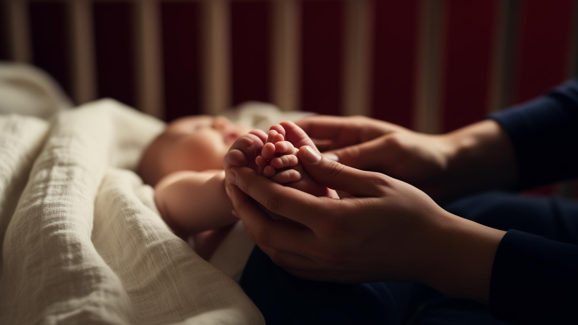 A parent's hands cradling a newborn baby's feet in soft window light — the everyday tenderness The Nest is written for